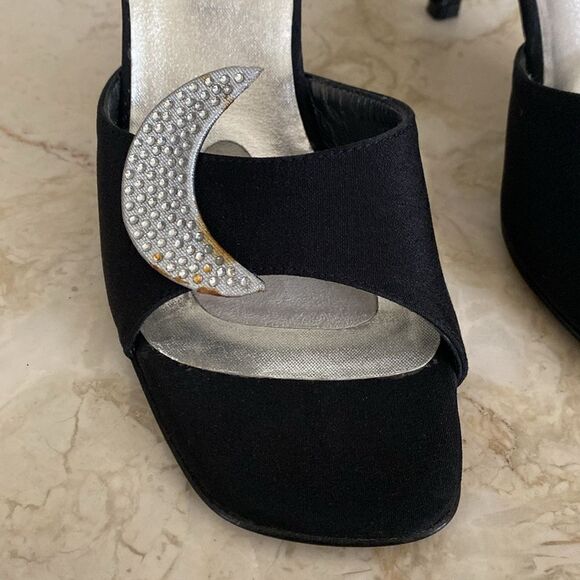 Stuart Weitzman Black Satin Heels Silver Rhinestone Moon & Star Mule Sandals - Picture 8 of 15